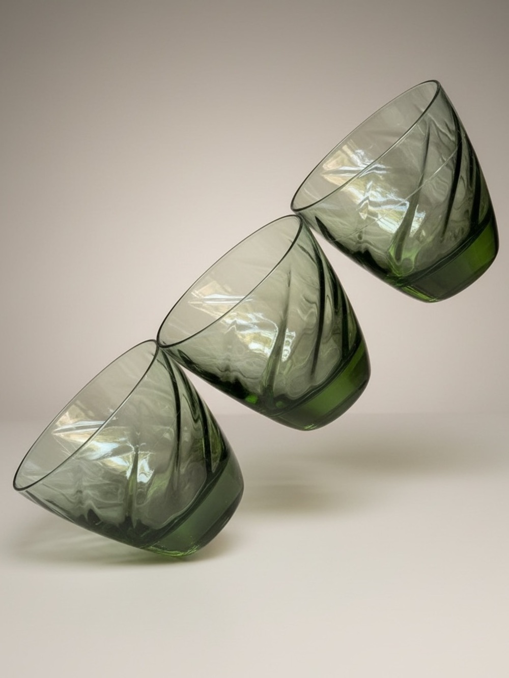 Vintage Hazel Atlas Moroccan Green Swirl Lowball Glasses Set of 3 MCM Barware
